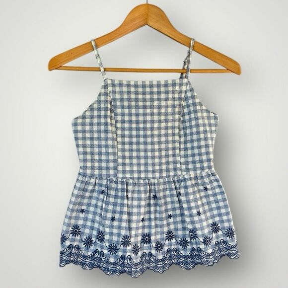 Blue Rain Tops - Blue Rain Blue and White Gingham Embroidered Peplum Cami Top